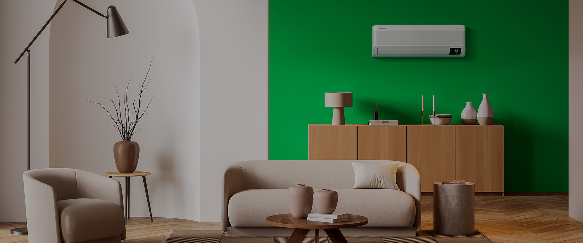 Samsung Klimaanlage an einer grünen Wohnraumwand – offizielle Herstellerabbildung