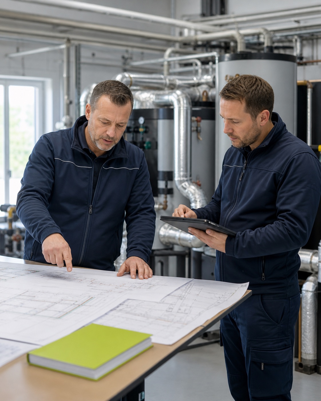 Projektplanung an Plänen und einer technischen Anlage