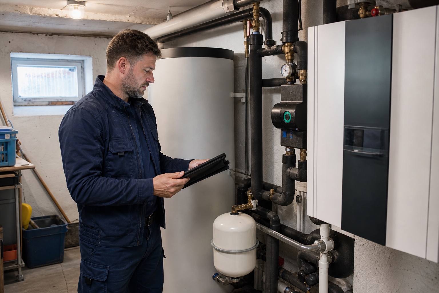 Heizungsmonteur prüft die Betriebsdaten einer Wärmepumpenanlage im Technikraum